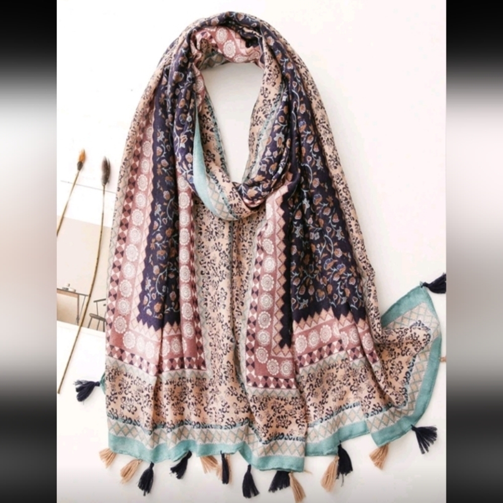 Boho Floral Geometric Patterned Spring Summer Lightweight Scarf Cotton Blend
